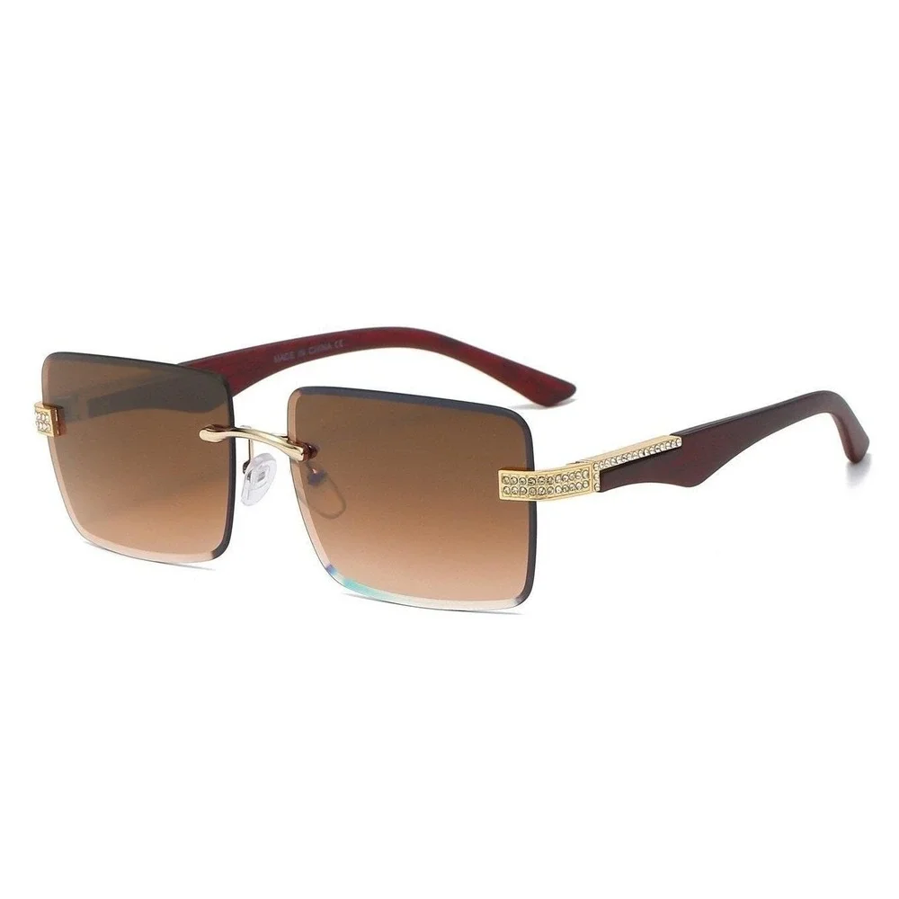 Rimless Sunglasses Men Square‎ Rhinestone Brown Lens Fashion Shades Street Wear